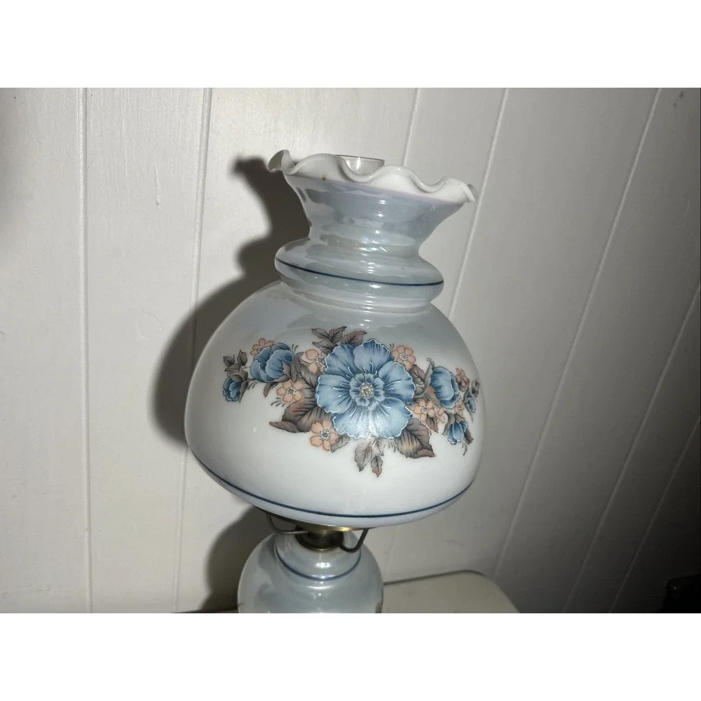Vintage Gone With the Wind Lamp Blue Pink Floral Milk Glass Hurricane Victorian
